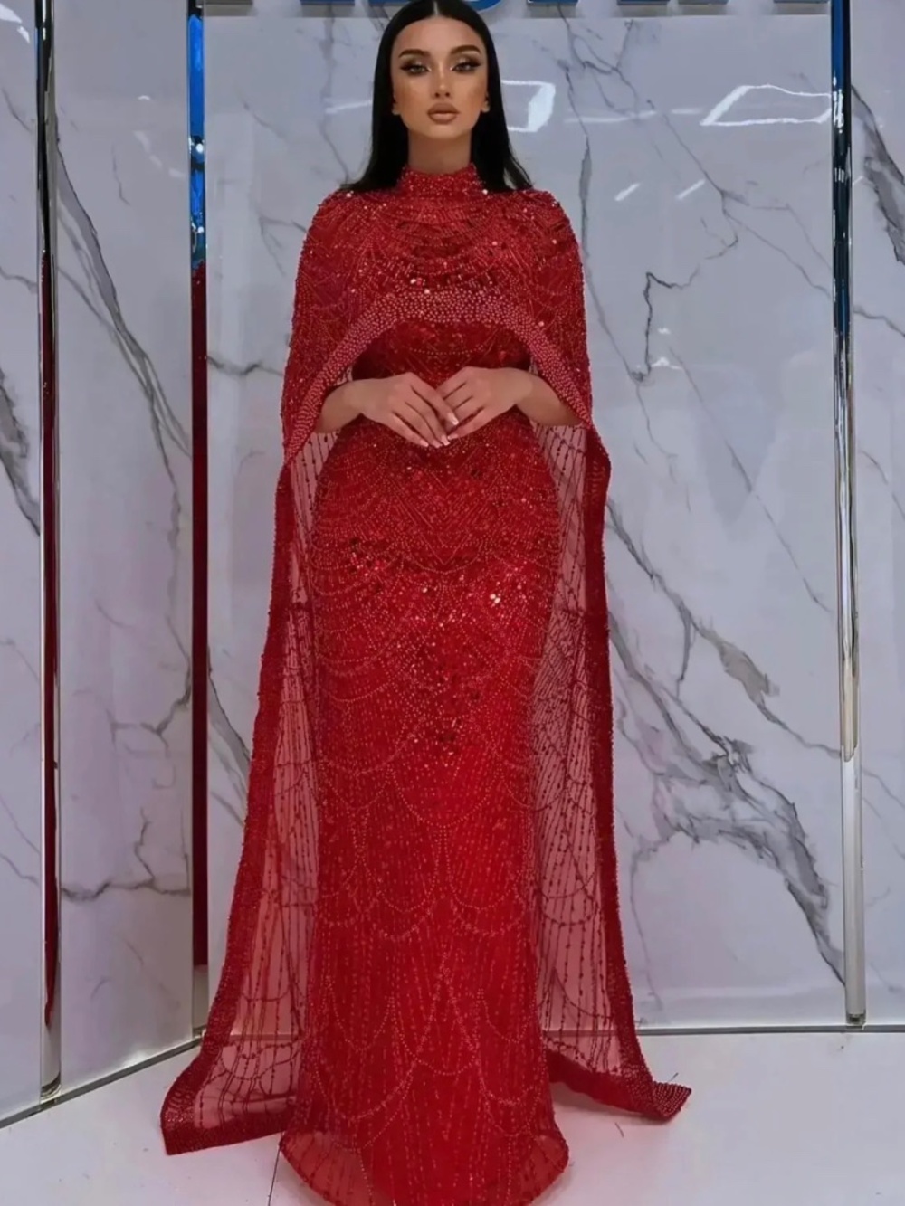NWT Red Beaded Cape Dress Wedding Prom
